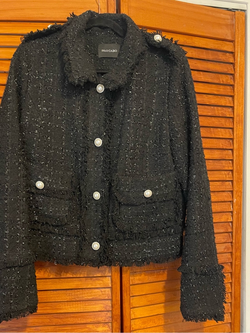 Dolce Cabo Black Tweed Pearl-Button Cropped Jacket